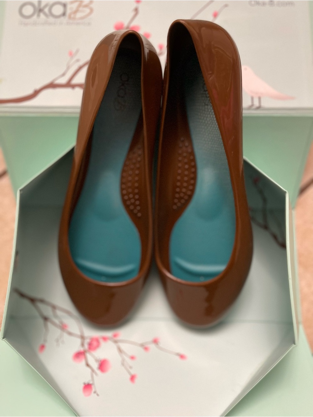 OKA b. Brown Patent Ballet Flats with Teal Insole